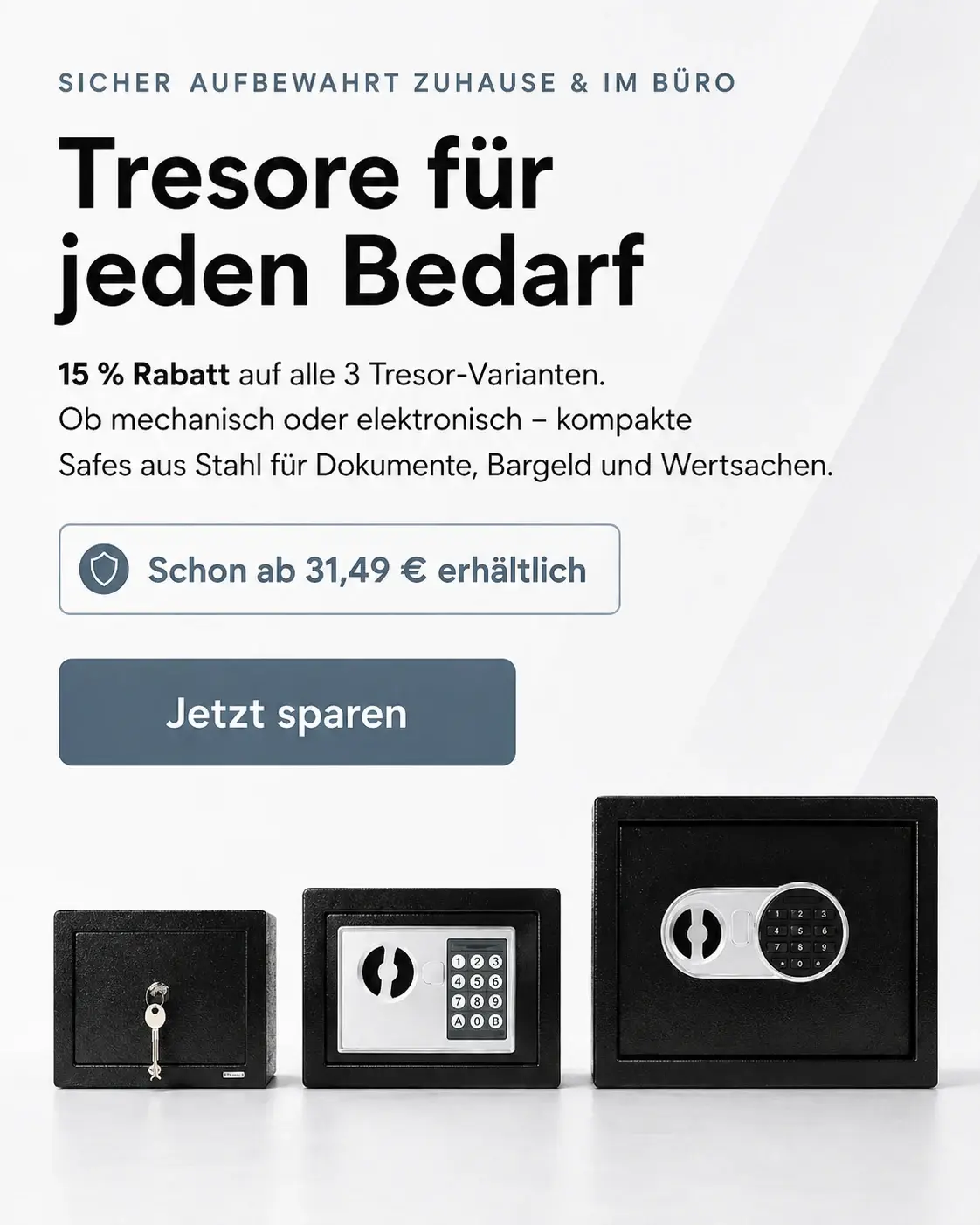 Drei kompakte Stahltresore für Zuhause und Büro – ein mechanischer und zwei elektronische Tresore mit 15 % Rabatt, ab 31,49 €