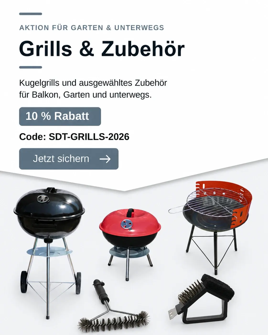 Kugelgrills und Grillbürsten mit 10 Prozent Rabatt – Code SDT-GRILLS-2026