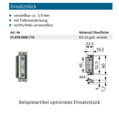 Einsatzstück Made in Germany - ohne Fallenabdeckung - 018790000710 erial/Oberflächen: GD-Zn galvanisch verzinkt, Produktgruppe: Elektro-Türöffner, ohne Fallenabdeckung