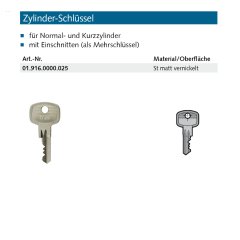 Zylinder-Schl&uuml;ssel Made in Germany - 019160000025 erial/Oberfl&auml;chen: St matt vernickelt, Produktgruppe: Profilzylinder&lt;br /&gt;&lt;br /&gt;- f&uuml;r Normal- und Kurzzylinder&lt;br /&gt;- mit Einschni