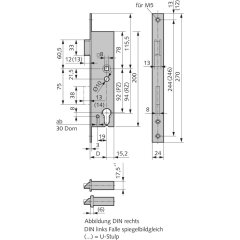 Einsteckschloss DIN links /rechts 8mm Vierkant - Dornma&szlig;: 30, Schlossstulp: Flachstulp, Ausf&uuml;hrung: CH-RZ gelocht