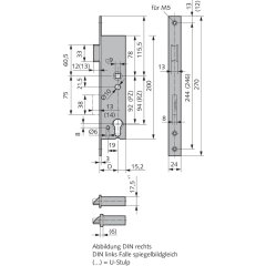 Einsteckschloss DIN rechts 9mm Vierkant - Produkt-Richtung: DIN links, Dornma&szlig;: 34, Schlossstulp: U-Stulp, Ausf&uuml;hrung: gesicherte Fallenfeststellung