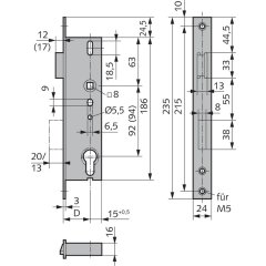 Einsteckschloss 20mm Riegel - Dornma&szlig;: 30, Ausf&uuml;hrung: Falle + Riegel 5 mm vorstehend