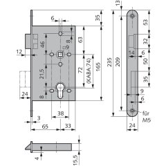 Einsteckschloss für FS-Türen, komplett aus Edelstahl - V014526500426 rial/Oberflächen: Edelstahl V2A matt gebürstet, Produkt-Richtung: DIN rechts, Dornmaß: 65, Schlossstulp: Flachs