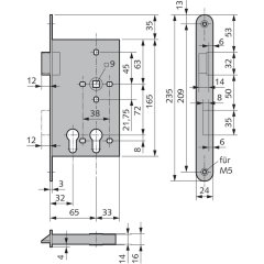 Einsteckschloss für zwei Profilzylinder - V015666500426 rial/Oberflächen: Edelstahl V2A matt gebürstet, Produkt-Richtung: DIN rechts, Dornmaß: 65, Schlossstulp: Flachstulp, Ausführ