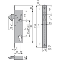 Schiebetorschloss 0 - V016003500426 rial/Oberflächen: Edelstahl V2A matt gebürstet, Dornmaß: 35, Schlossstulp: Flachstulp, Ausführung: PZ gelocht, Produktgruppe: Schiebetorschlösse