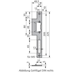 Schließblech für auswärts öffnende Türen DIN-Rechts 225 x 48,5 x 3mm - V018084801426 rial/Oberflächen: Edelstahl V2A matt gebürstet, Produkt-Richtung: DIN rechts, Produktgruppe: Sc