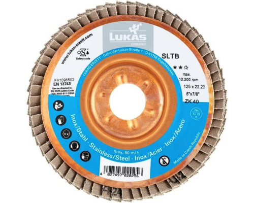 LUKAS Fächerschleifscheibe SLTB für Edelstahl Ø 125 mm Zirkonkorund Korn 80 | schräg