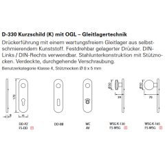 OGL Kurzschild-Drückergarnitur D330 9mm FS ER PZ 72 mm wartungsfreies Gleitlager; mittig geitelter Panikstift inklusive; Türstärke 40 - 66 mm