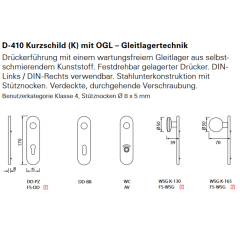 OGL Kurzschild-Drückergarnitur D410 9mm FS ER PZ 72mm wartungsfreies Gleitlager;  mittig geitelter Panikstift inklusive; Türstärke 40 - 66 mm