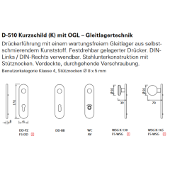 OGL Kurzschild-Wechselgarnitur K165 D510 8mm ER PZ 72mm wartungsfreies Gleitlager; Türstärke 38 - 45 mm